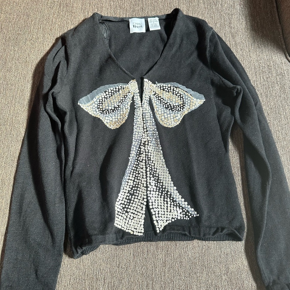 Black Sweater with Sequin Bow Design